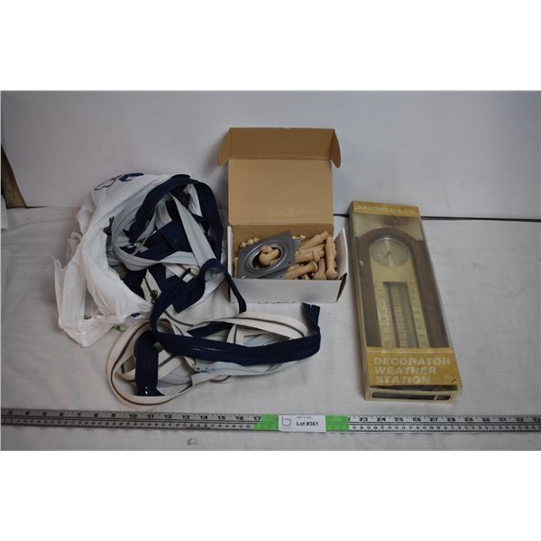 weather hygrometer , bag of zippers, box of wooden pegs