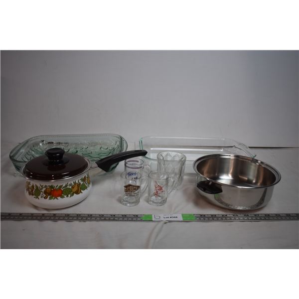 Ovenware baking dishes, crown royal drinking glass + 3 shotglasses