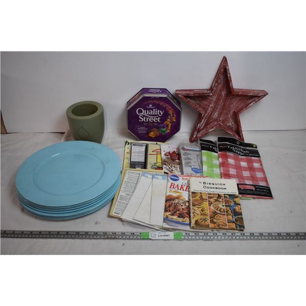 plastic plates, tin, vase, misc