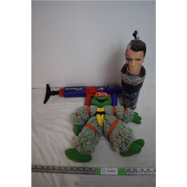 Ninja Turtle Mop toy, Terminator slurpee cup, marshmallow shooter