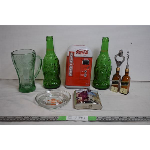 Coca-cola Tin, Cup, lucky buddha bottles, flask, ashtray, corkscrew/bottle opener