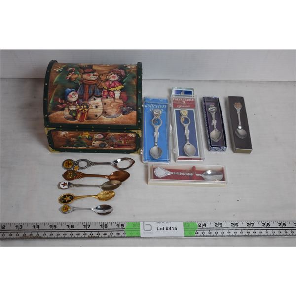 Christmas Scene music box + collectors spoons
