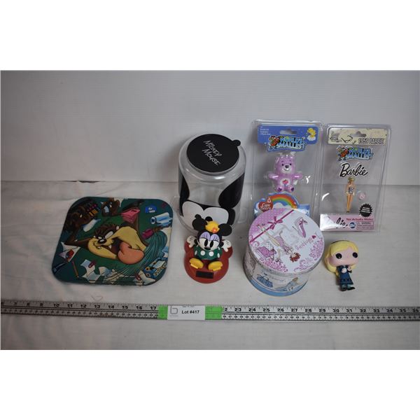 worlds smallest barbie + care bear, micky mouse bobbler + Tazmanian mousepad