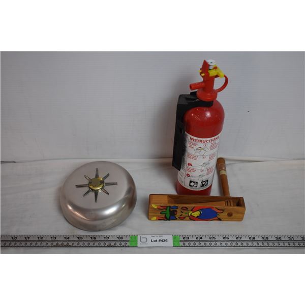 Vintage Fire Alarm Bell + small extinguisher plus wooden noise maker toy