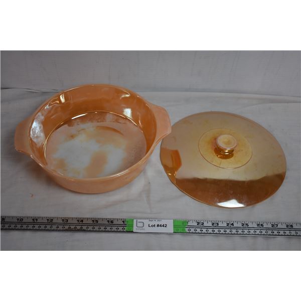 Fireking peach lustre dish with lid