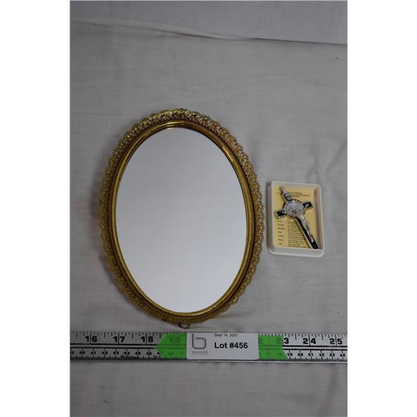 small mirror with pewter crucifix