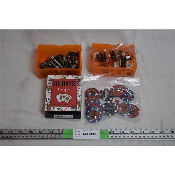 Dice, Chess pieces, bacardi chips, solitaire cards