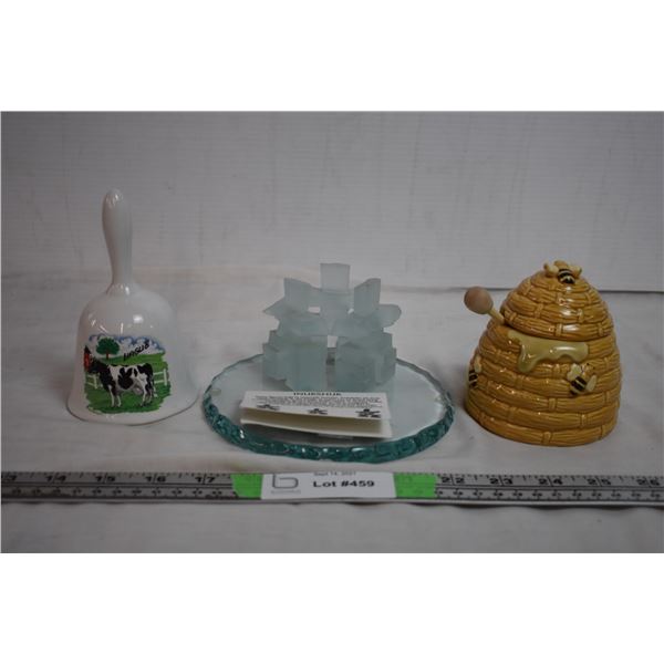 glass stonehedge, ceramic honey pot, bell