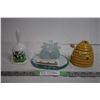 Image 1 : glass stonehedge, ceramic honey pot, bell
