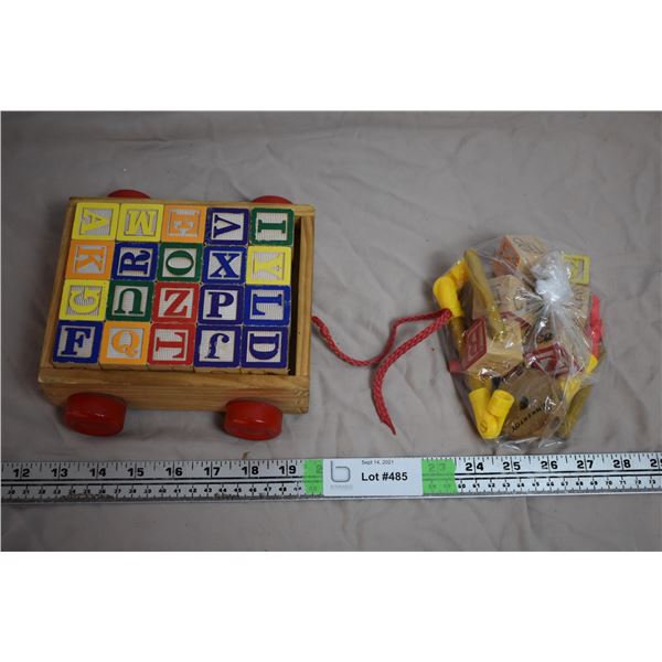 Kids building blocks in mini wagon