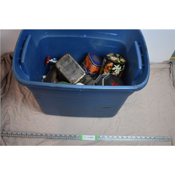 Tote with various collectable tins + CPR insulator (chipped) + various vases