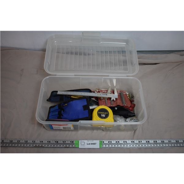 Small container with calipers, measuring tape, drill bits, screw extractor