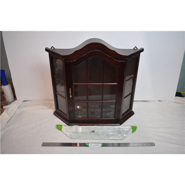 small wall hanging cabinet (21”x21”) with two glass shelves