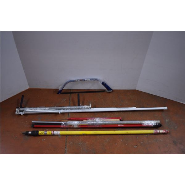 garden saw + misc broom handles, closet rod