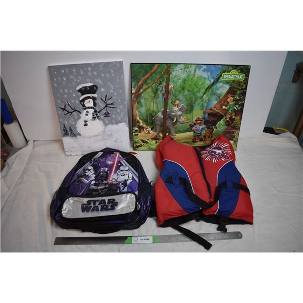 Sesame Street wallboard + Star Wars backpack with youth sized lifejacket
