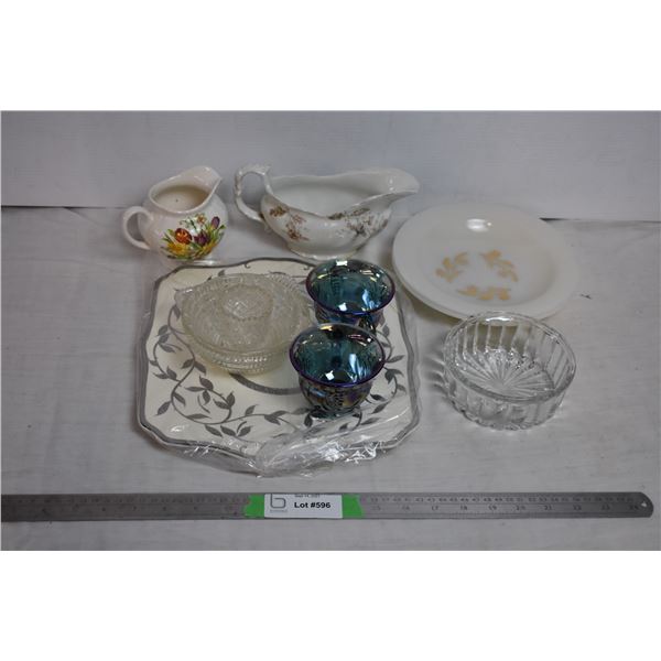 kitchenware, gravy boat, carnival glass cups, misc