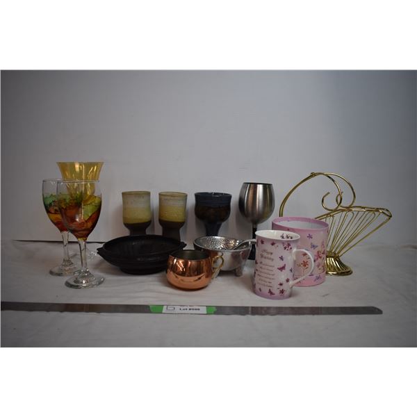 Pewter bowl with ceramics and glassware