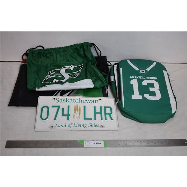 Saskatchewan Roughriders flag + gainer bag, misc