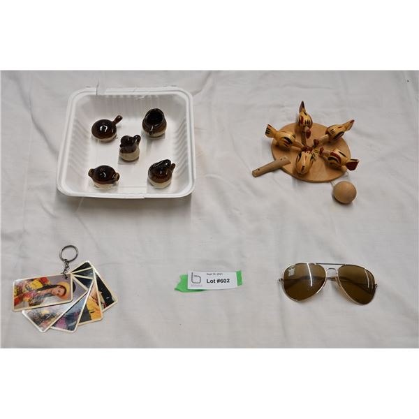 miniature ceramics, chicken pecking toy, rayban sunglasses (scratched) vintage cards on keyring