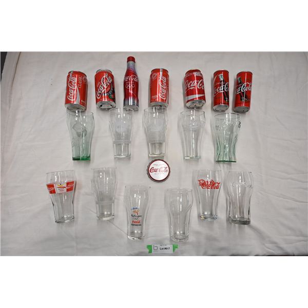 Coca-Cola Glass Cup (christmas + olympics, etc) + tin can (empty but opened from bottom - japanese) 