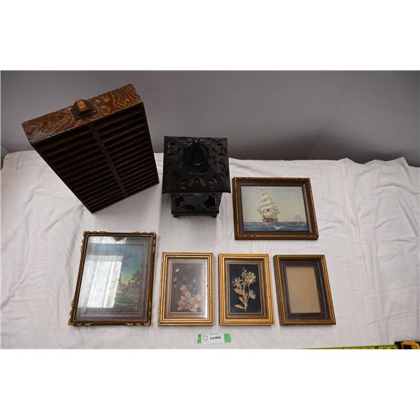 Small storage unit, photo's in frames, lantern cover