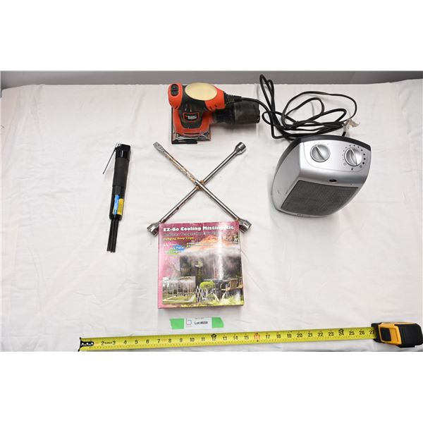 Small space heater, plam sander, mister, misc
