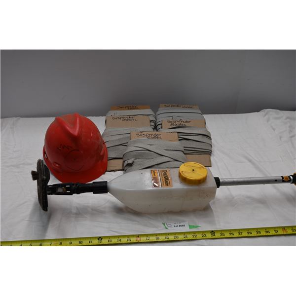 elastic straps, hardhat, deck stainer