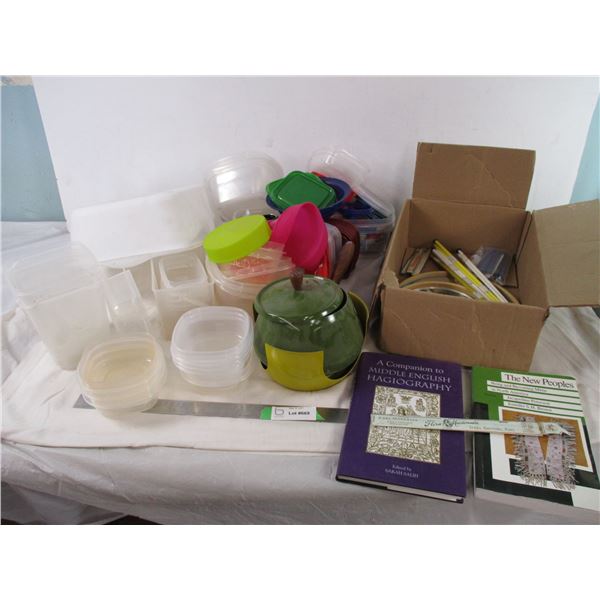 Plastic storage containers, books plus misc