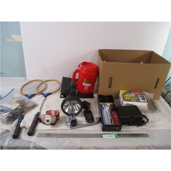 Timer, flashlight, kids racket, plus misc