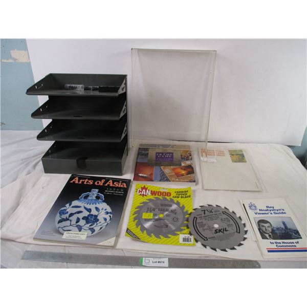 (2) 7 1/4" saw blades, books plus misc
