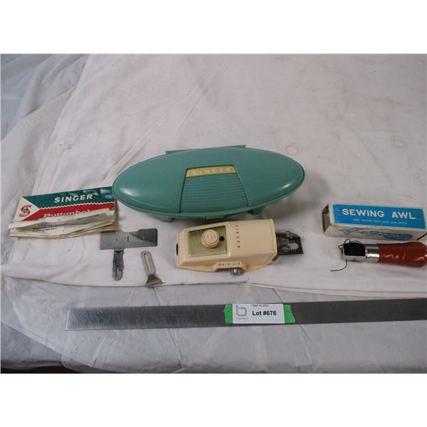 Singer buttonholer in case plus sewing awl
