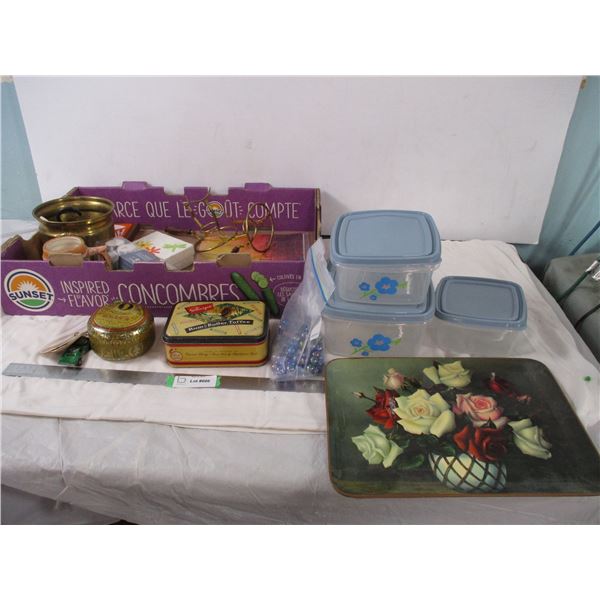 Collector tins, serving tray, marbles, plus misc