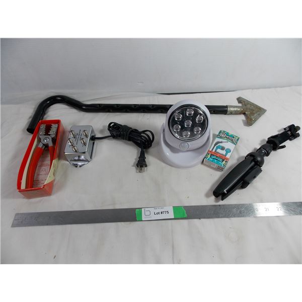 Selfie Stick + Compost stick + portable motion spot light + Texan 'York' nut sheller + headphones + 