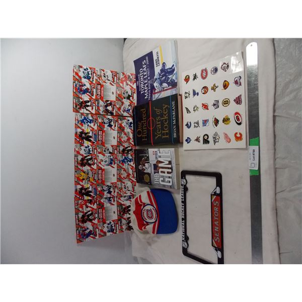 Hockey items - license plate frame, cards, 3 books, Canadiens hat, Team Stickers