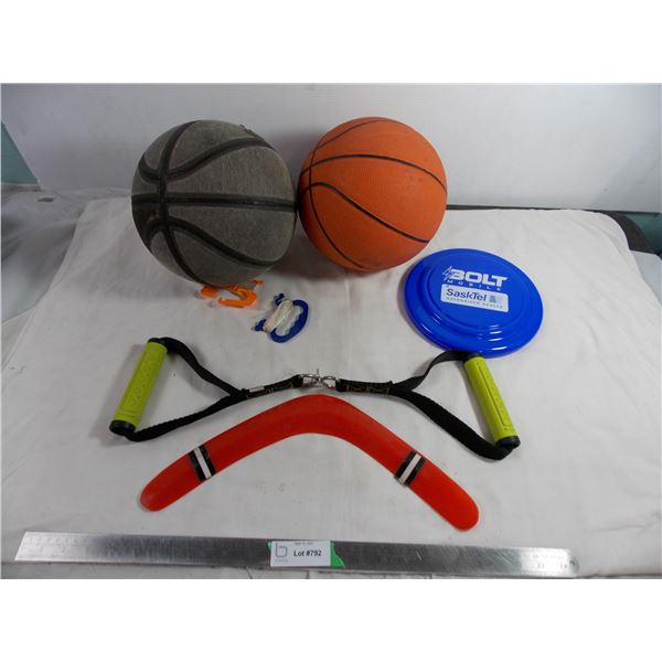 basket balls + work out tool + boomerang + frizbee