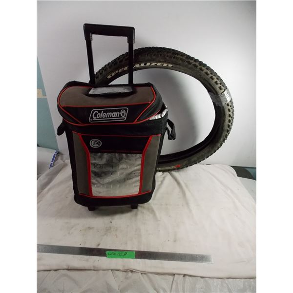 Coleman 24hr Cold Wheeled Cooler with used bike tires