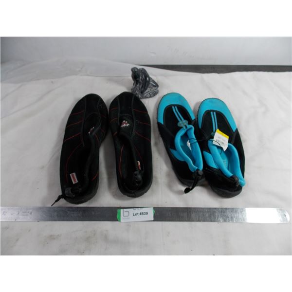 Swim shoes, black size 11, blue size 10 + seals tiny statue