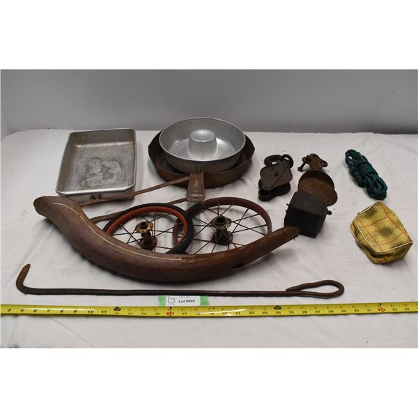 Vintage metal scrap - bike fender, wheels, pans