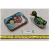 Image 1 : vintage duck wind up tin (missing wheel) + Cat tin with candle holder inside