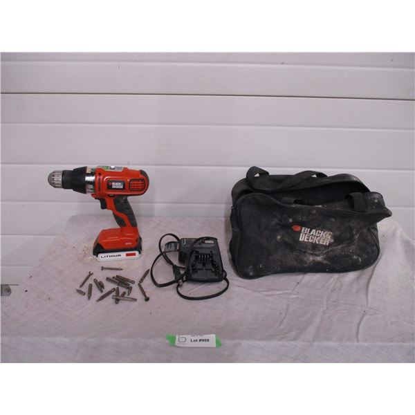 black n decker 20V lithium drill, charger + bits in case