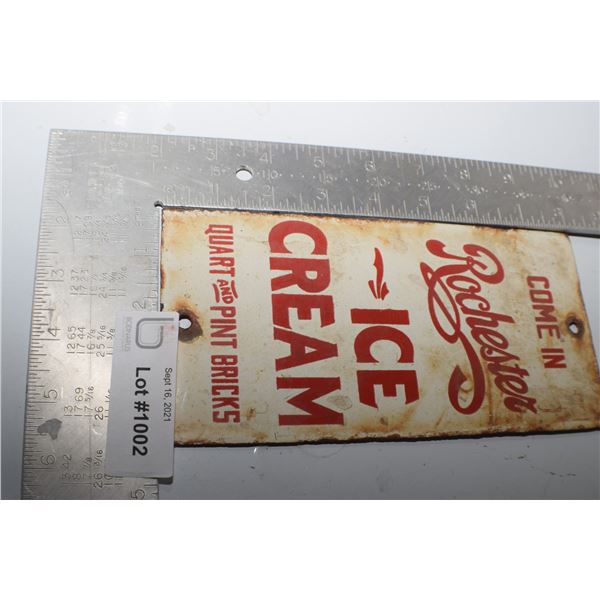 HEAVY  PORCELAIN ROCHESTER ICE CREAM  SIGN FANTASY