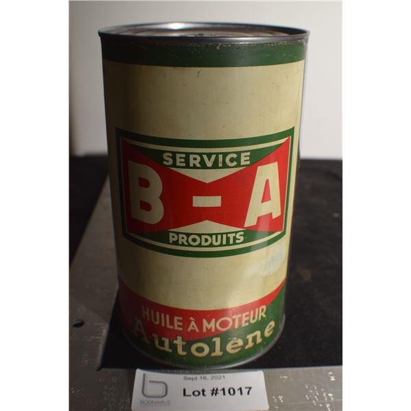 ANTIQUE B/A BRITISH AMERICAN BOWTIE   QUART OIL TIN , THIS IS A RE-ROLL NOT A NEWER WRAP