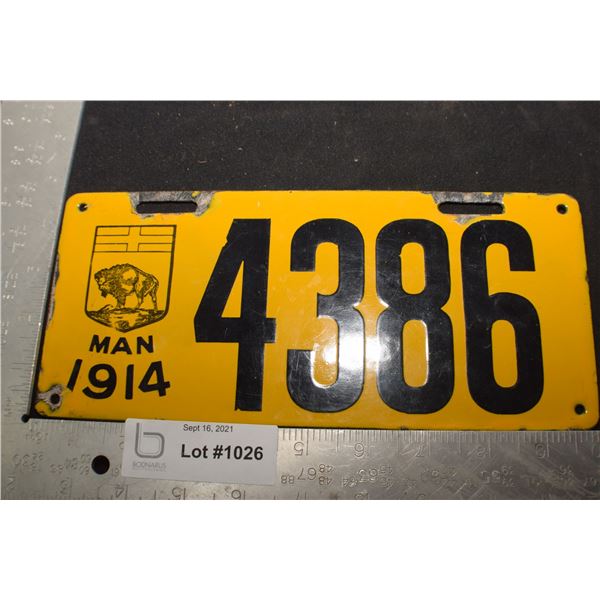 ANTIQUE 1914 PORCELAIN MANITOBA LICENSE PLATE