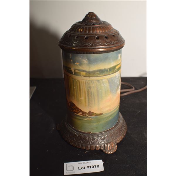 ANTIQUE MOTION LAMP ,BRONZE WITH GLASS CYLINDER  / SPINNER IS EXTREMELY POOR