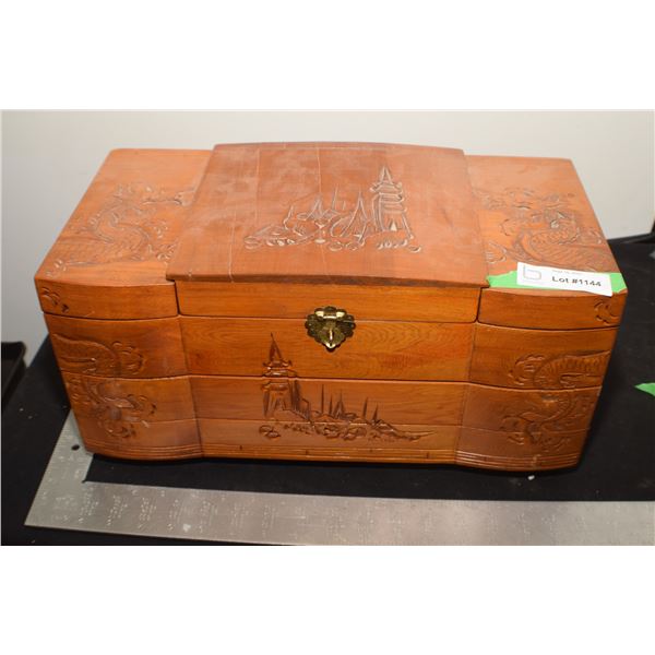 LARGE CARVED WOODEN JEWELRY BOX AND CONTENTS