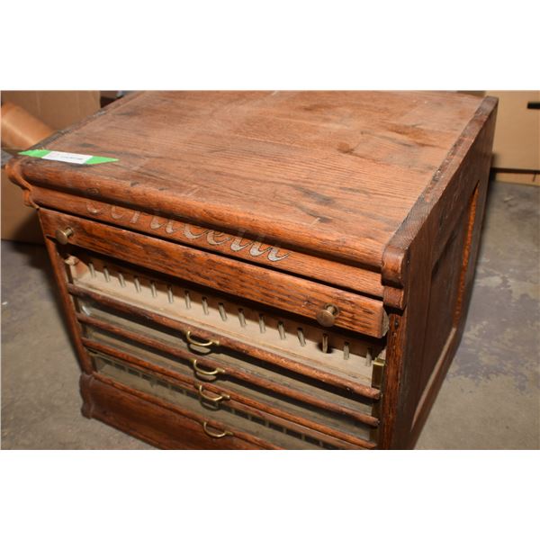 CORTECILLI THREAD STORE CABINET OAK , NEEDS DRAWER MADE 21 W BY 19 "