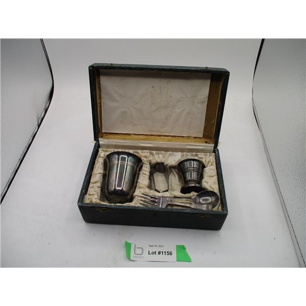 vintage childrens breakfast set - fork + spoon stamped, sterling, other pieces stamped MB-2, 3 and 2