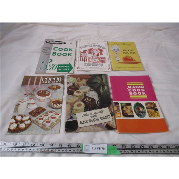 (6) vintage cookbooks from magic baking powder, fry's cocoa, new holland, misc