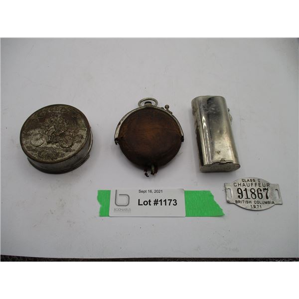 lot of vintage items -everready flashlight stanoed 1912, cyclist cup, amp tester, 1971 BC Chauffer T