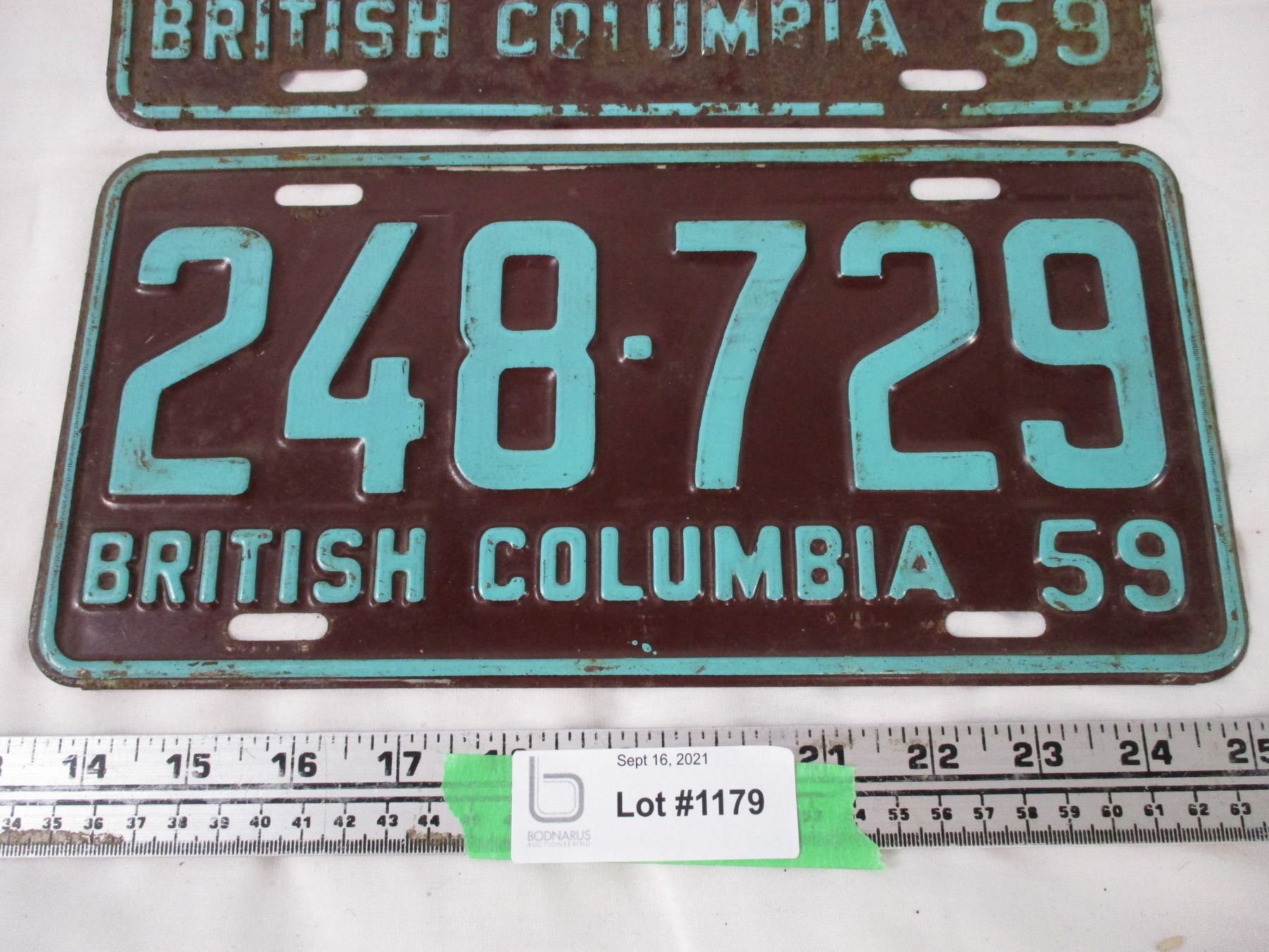 Pair of 1959 BC License Plates (2) Bodnarus Auctioneering